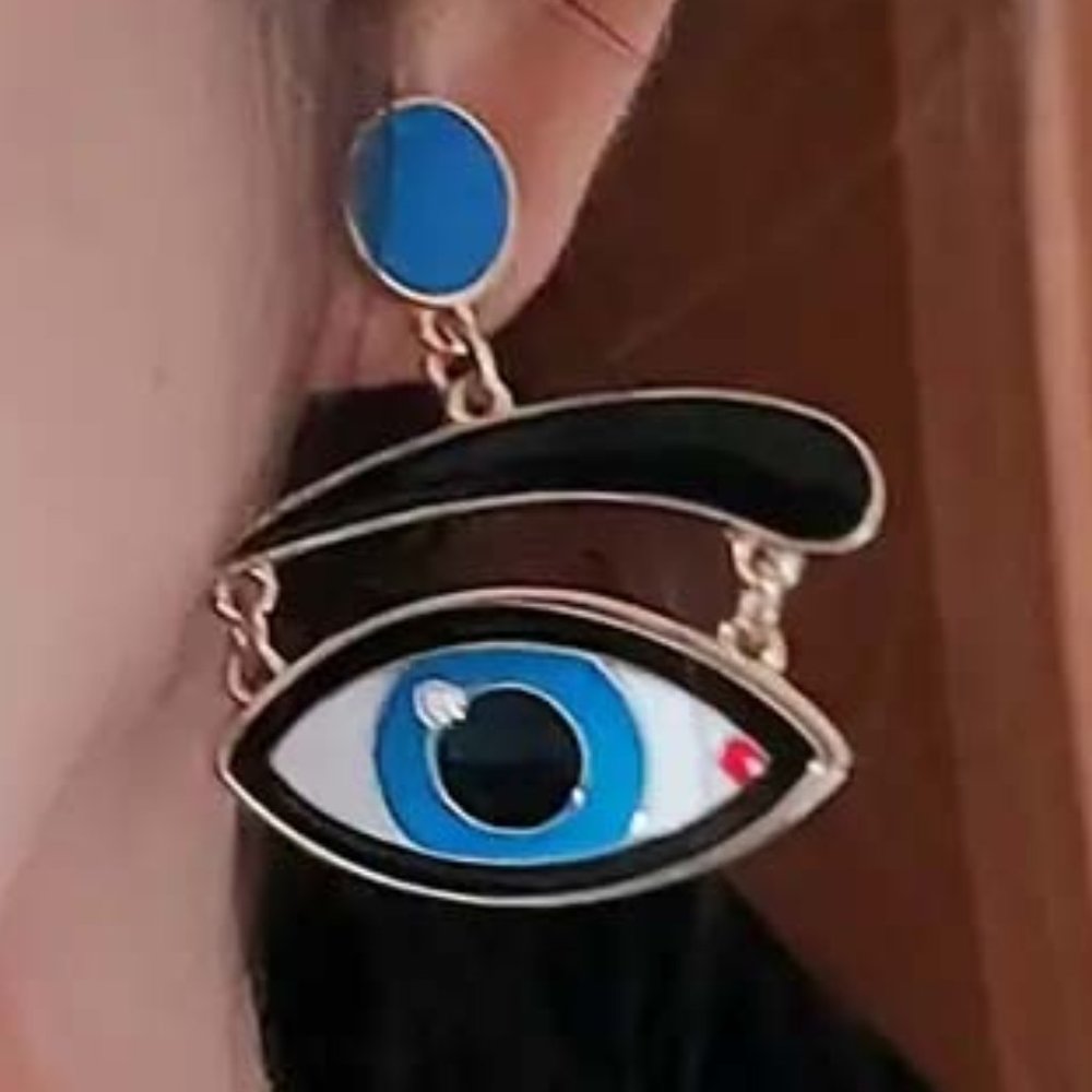 MAN RAY'S BLUE EYES W/ BLACK EYEBROWS ENAMEL ON 14K GOLD CLAD DANGLE EARRINGS B - Picture 3 of 4
